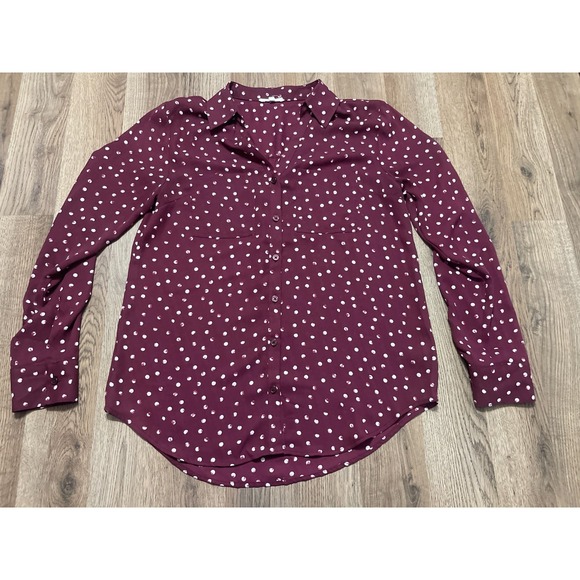 Maurices Tops - Maurices Blouse, Women's Small, Maroon White Polka Dots Long Sleeve Button Up